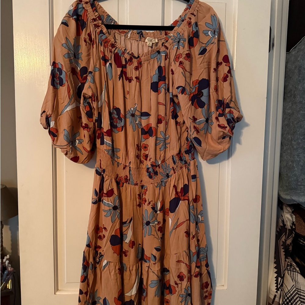 Easel Floral Long Sleeve Dress - Tan and Blue